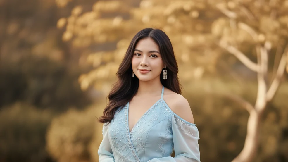 สร้างภาพ Ai สาวม้งแฟชั่นพอร์ตเทรต กลางป่าฤดูใบไม้ร่วง