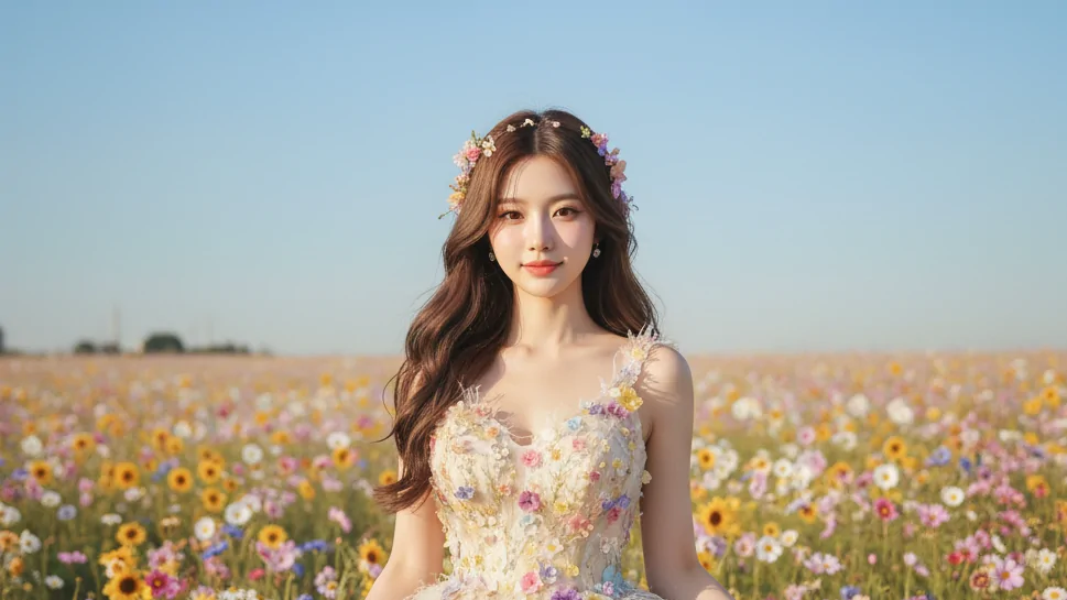 เทพธิดาแห่งทุ่งดอกไม้ยามรุ่งอรุณ” (Goddess of the Morning Bloom)- แจก promtp ai ฟรี
